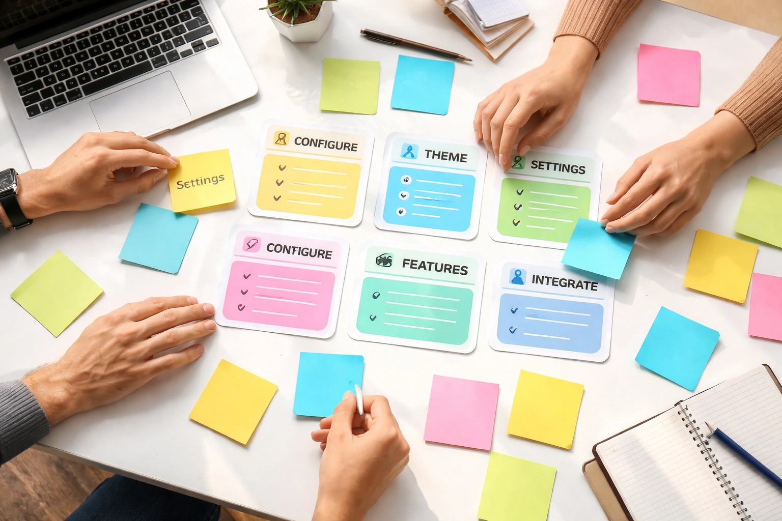 Team arranging colorful sticky notes in an office, representing strategic ServiceNow appointment configuration for HR efficiency.