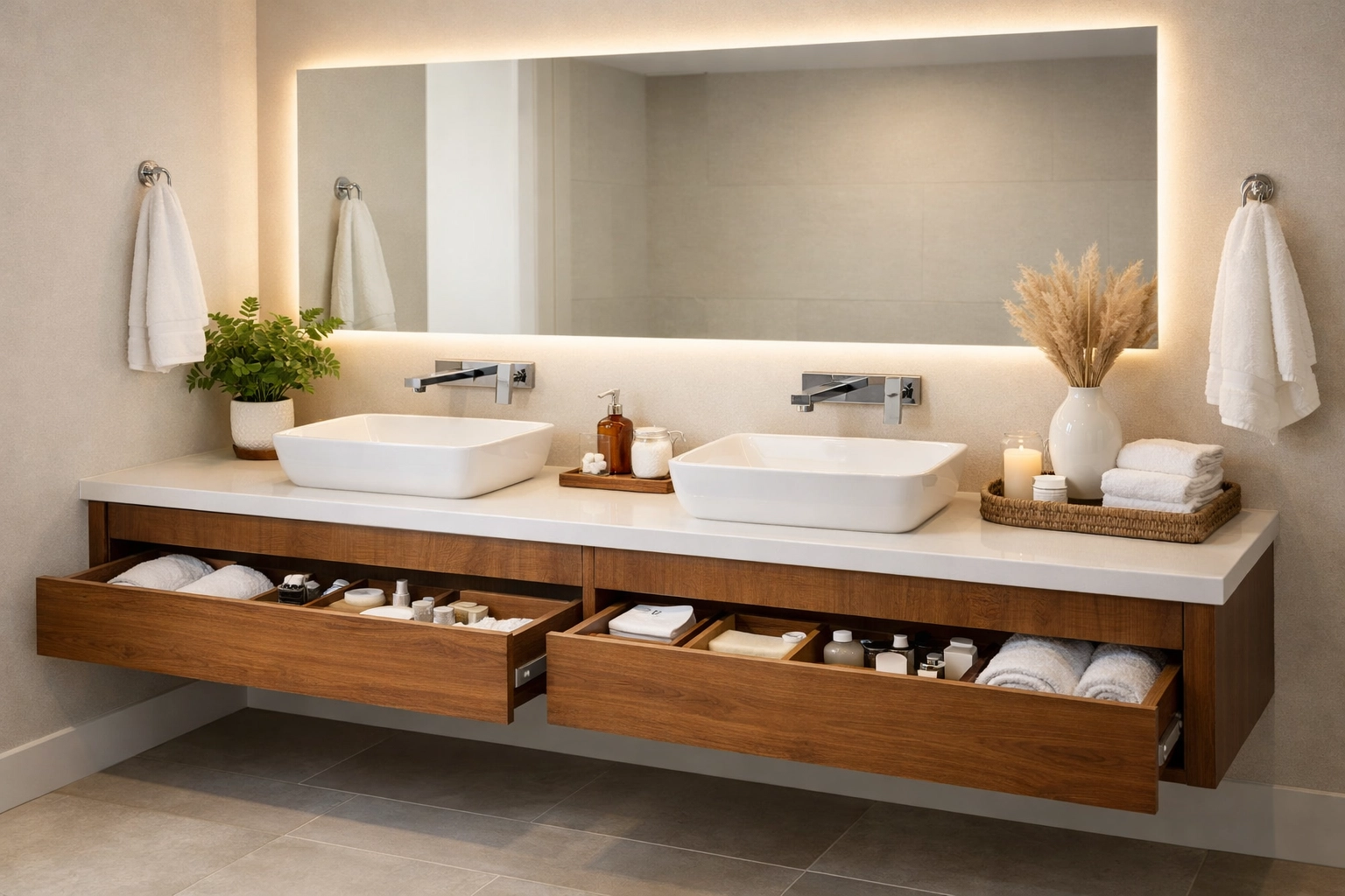 Custom floating vanity with quartz countertops showcasing bathroom remodeling Orlando craftsmanship