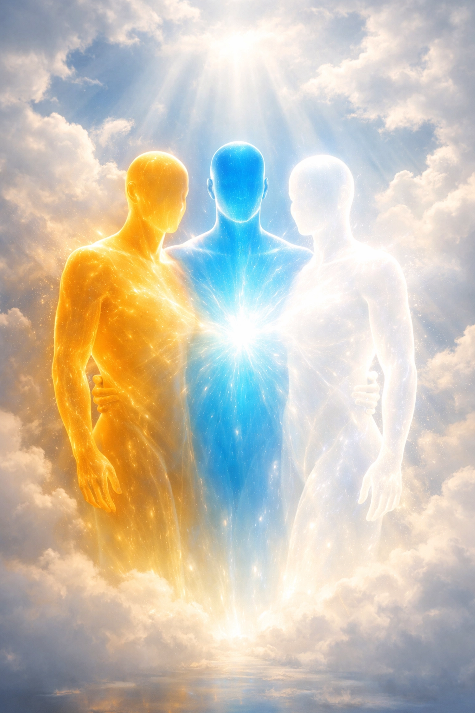 Three united figures symbolizing the Holy Trinity - Father, Son, and Holy Spirit as one God