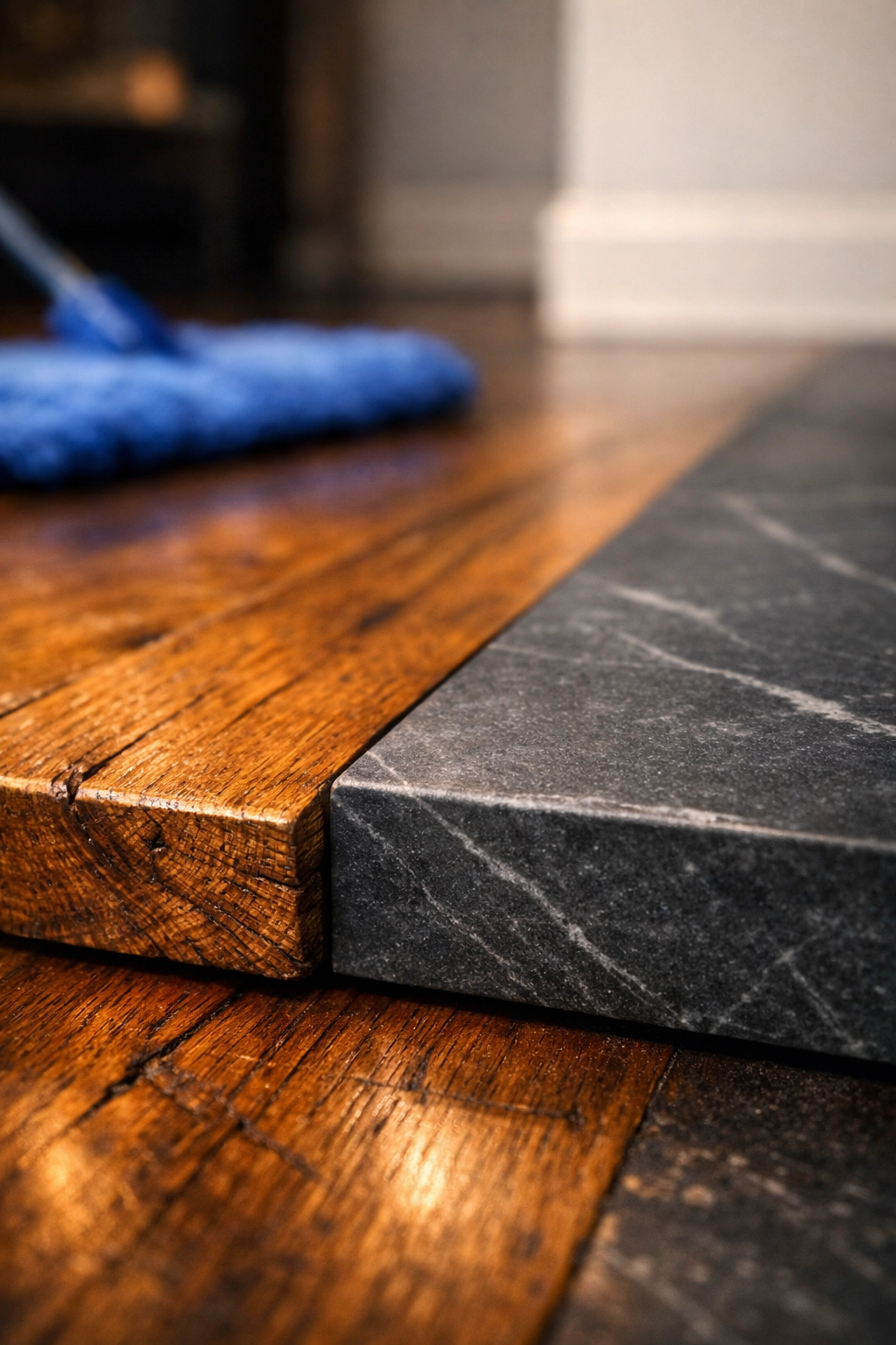 Close-up of dust-free oak hardwood floors and soapstone hearth in a pristine Lexington residence.