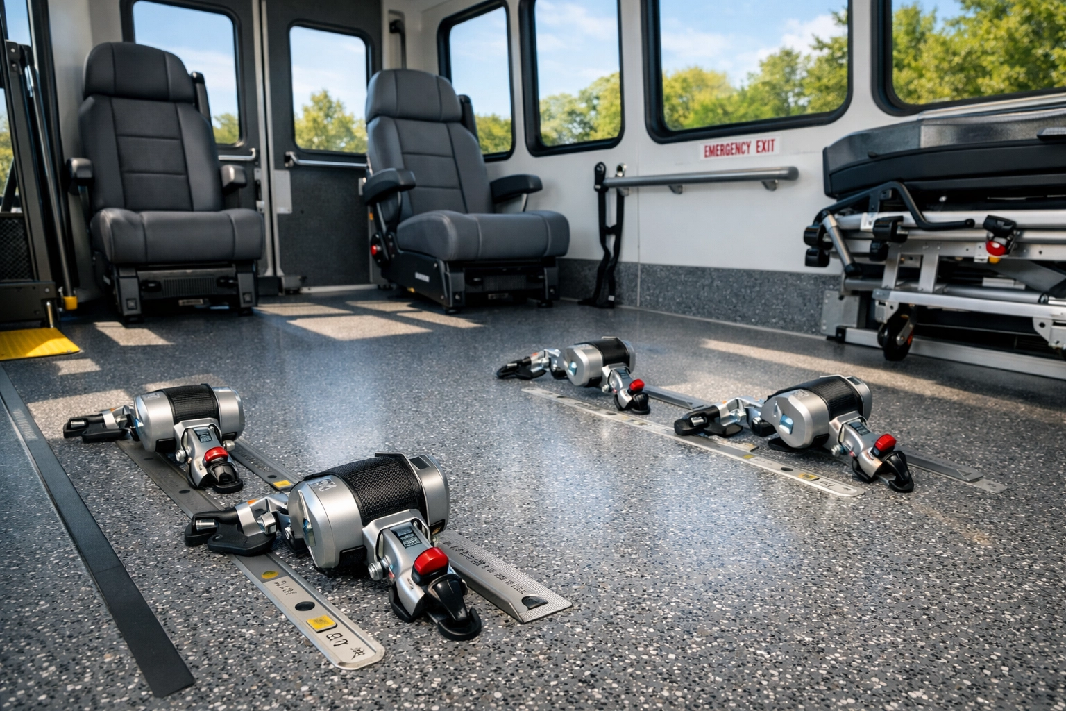 Secure wheelchair locking system inside a modern non emergency medical transportation vehicle for safety.