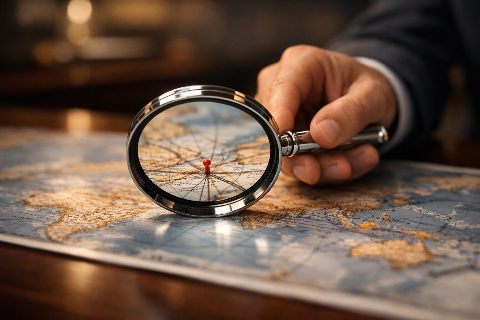 Investigator using a magnifying glass on a world map to uncover hidden wealth in international disputes.