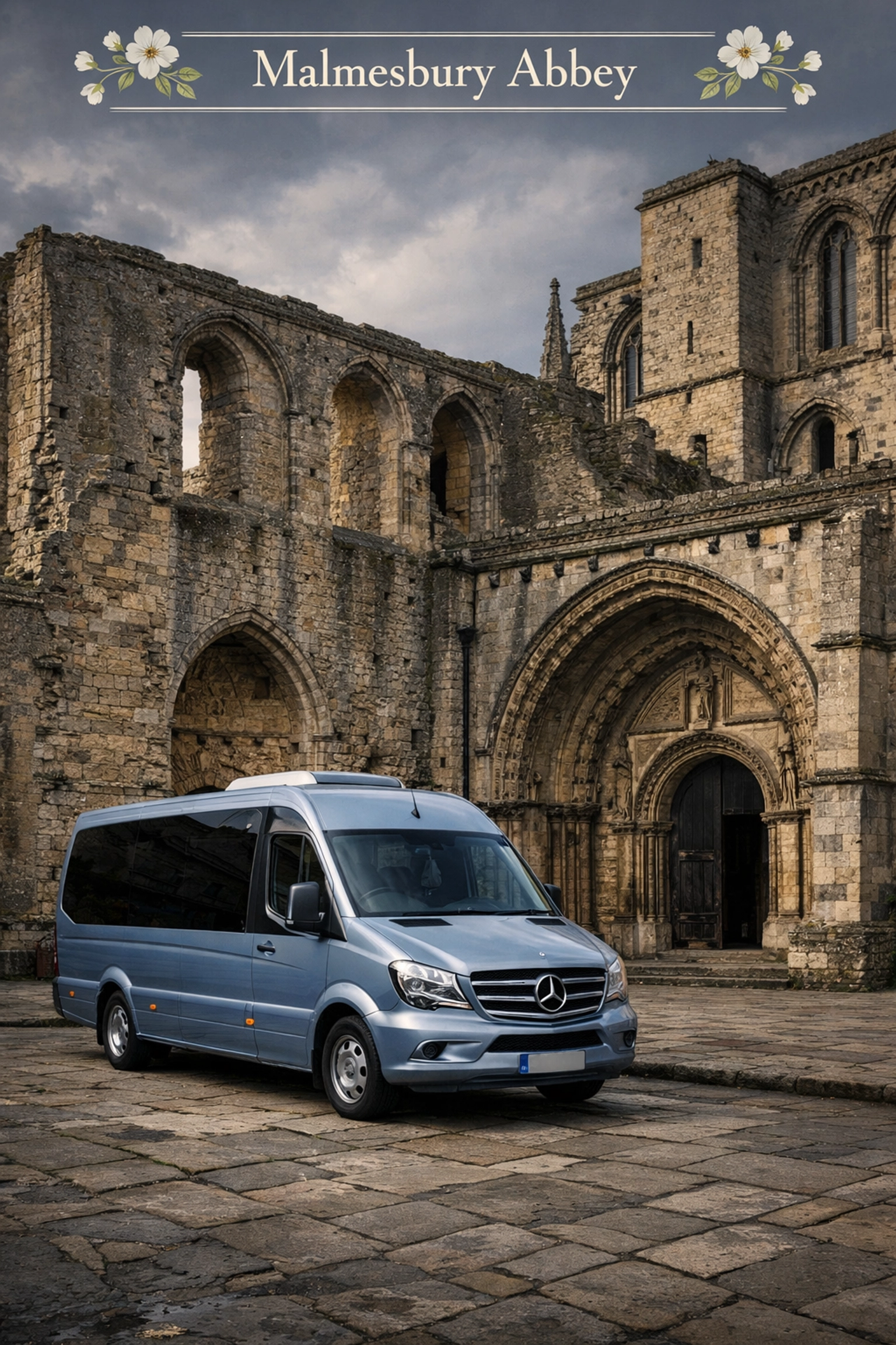 The historic Malmesbury Abbey ruins with a tour minibus parked in the stone square.
