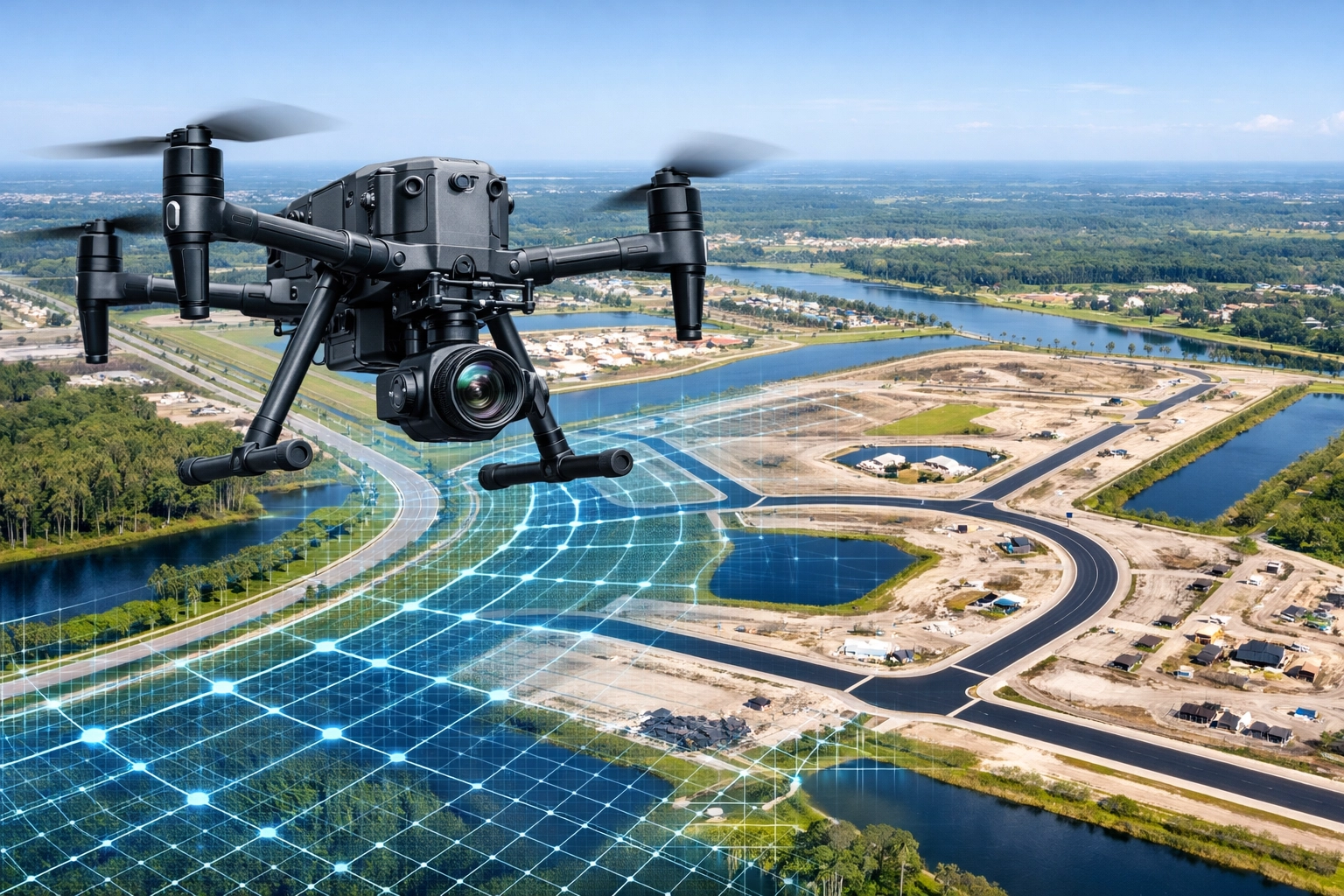 Enterprise drone mapping a Florida land development project to create a high-resolution digital twin.