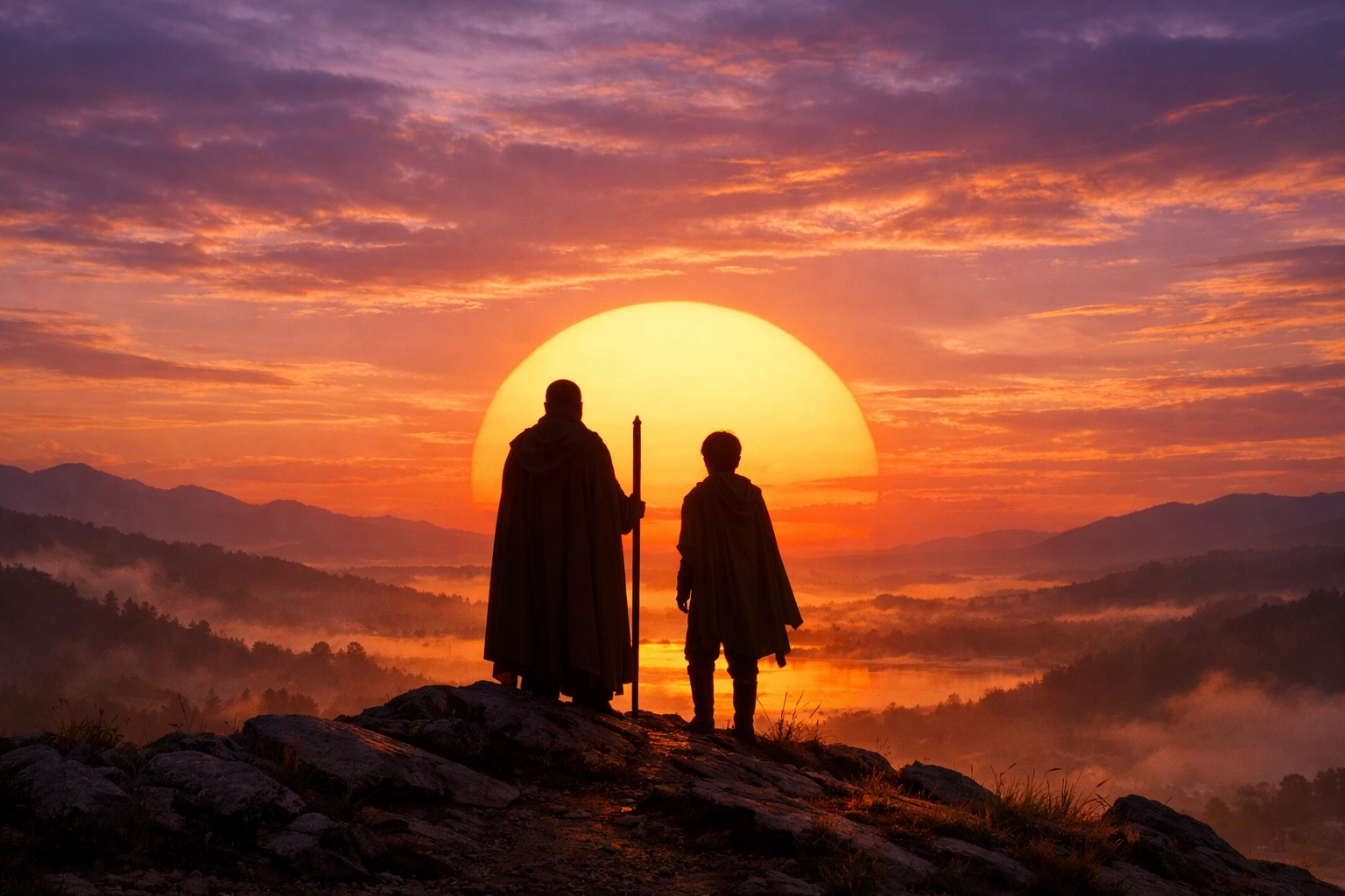 A mentor and student silhouetted at sunrise, representing the passing of a spiritual mantle in ministry.