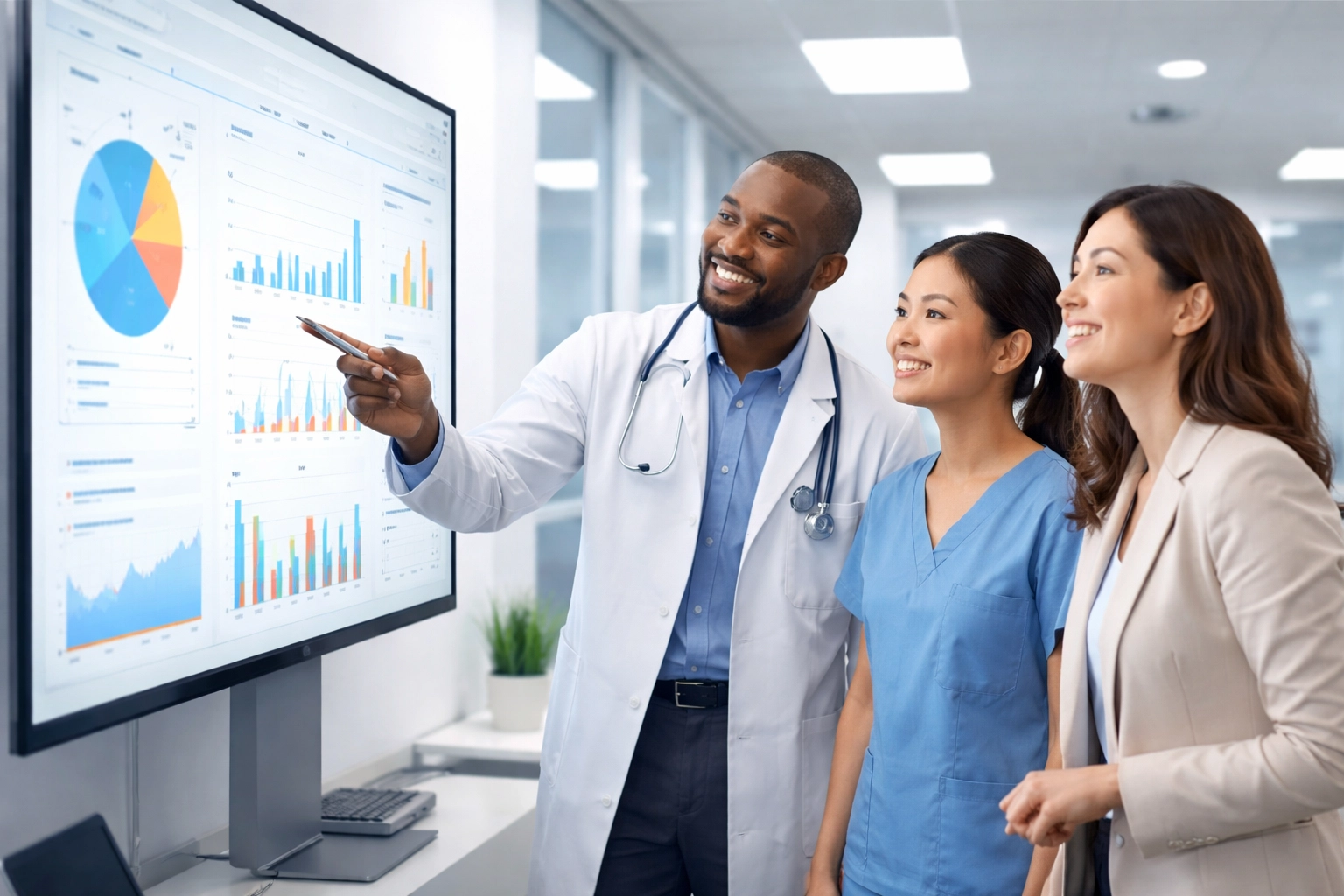 Diverse healthcare team collaborating with digital data visualizations in a modern hospital conference room