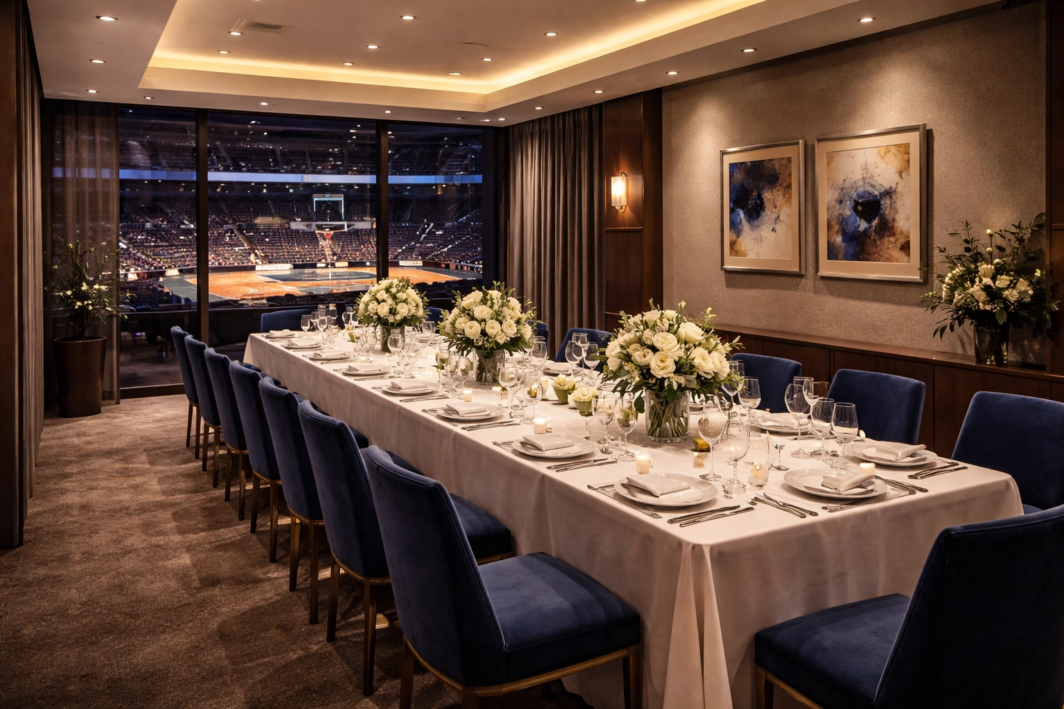 Elegant private dining room set up for a corporate event in a sports venue, highlighting luxury hospitality offerings.