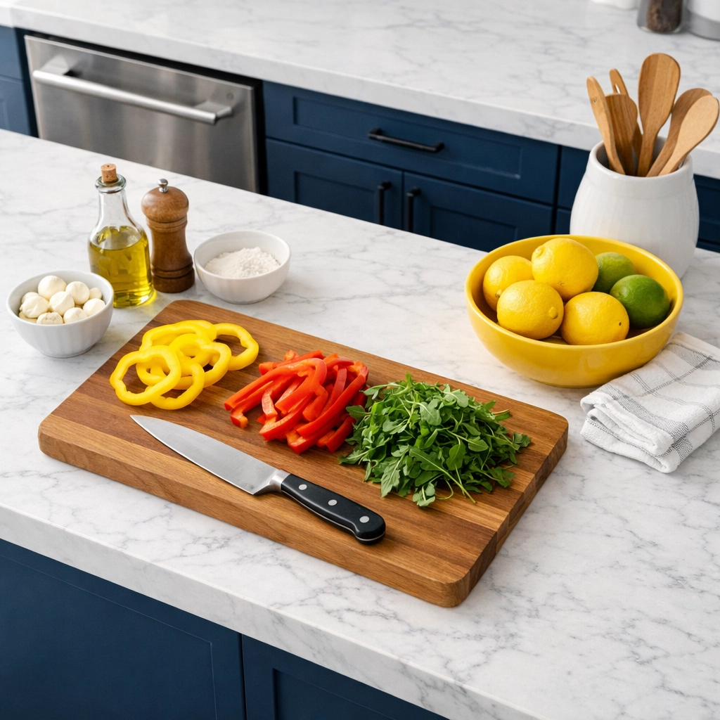 Tidy kitchen counters during meal prep showcasing the clean as you go strategy for a crumb-free home.
