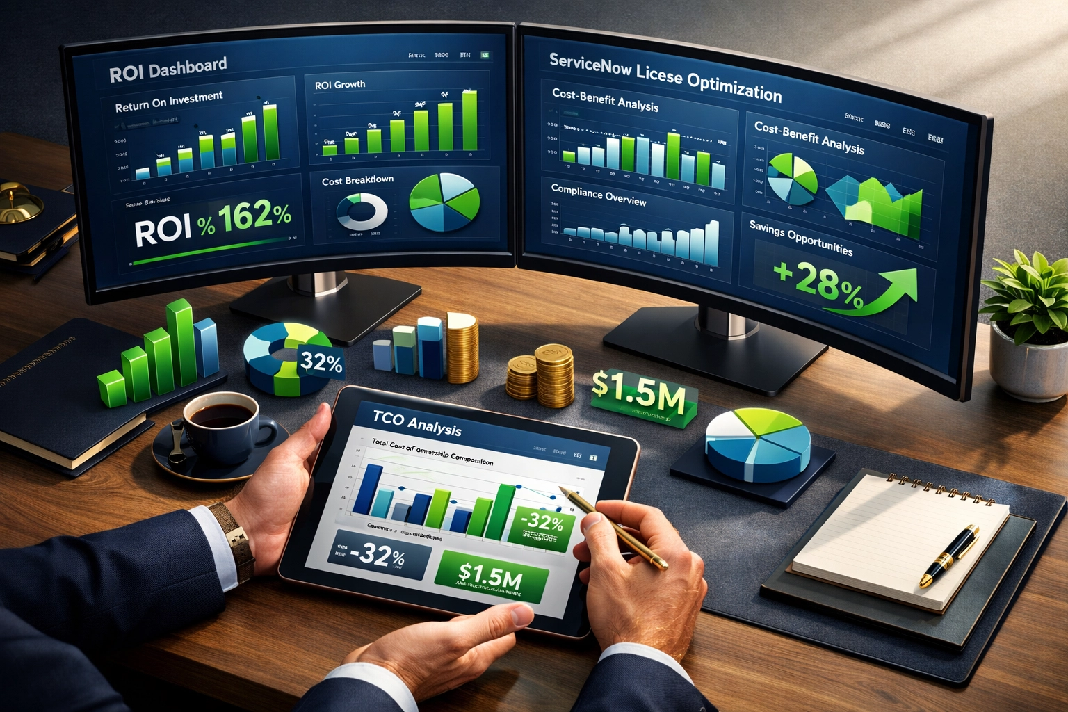 ServiceNow ROI dashboard displaying license optimization and cost savings analysis for 2026