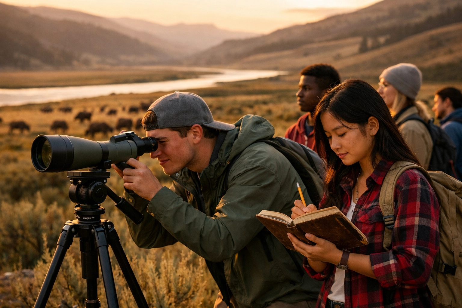 High school students monitoring bison populations in Lamar Valley during a Yellowstone conservation student travel trip.