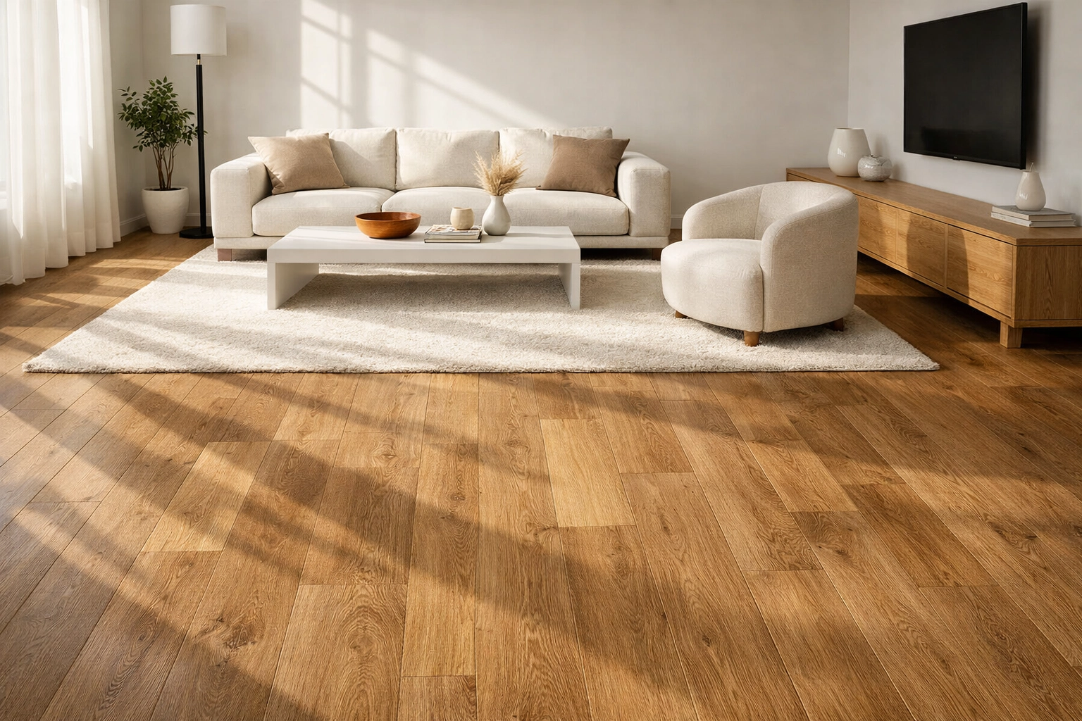 Modern living room with durable luxury vinyl plank flooring to withstand rental property wear.