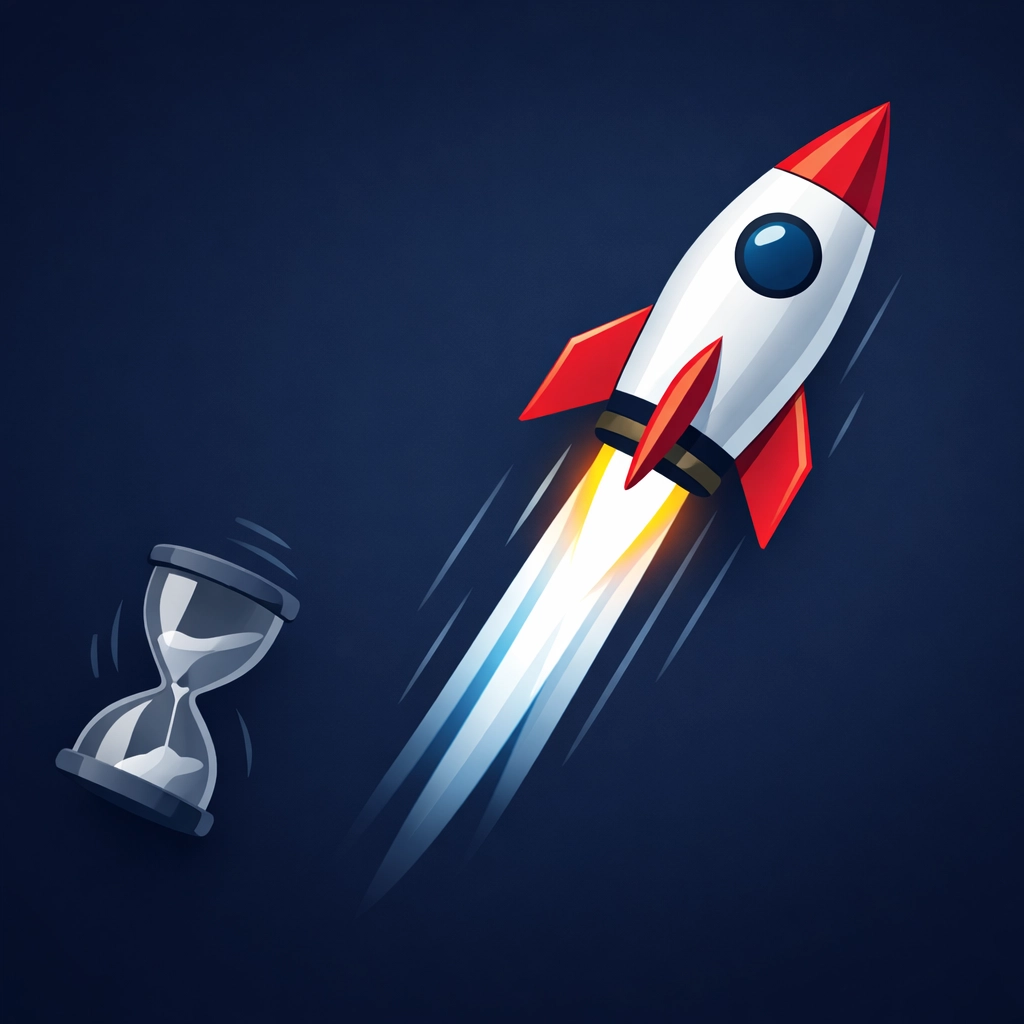 Fast loading tradesman website symbolised by a rocket ship blasting past a slow hourglass for better user experience.