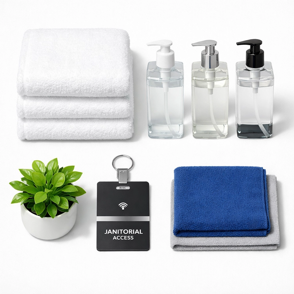 Organized hygiene supplies and professional cleaning essentials on a clean surface for facilities management.