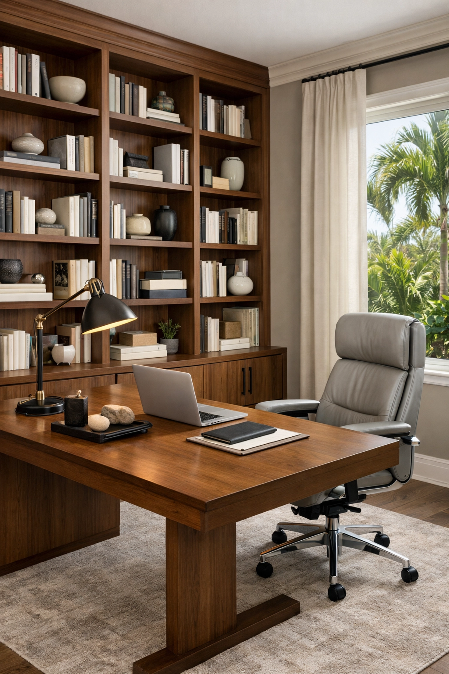 Professional home office remodeling Orlando featuring custom walnut bookshelves and a modern workspace design.