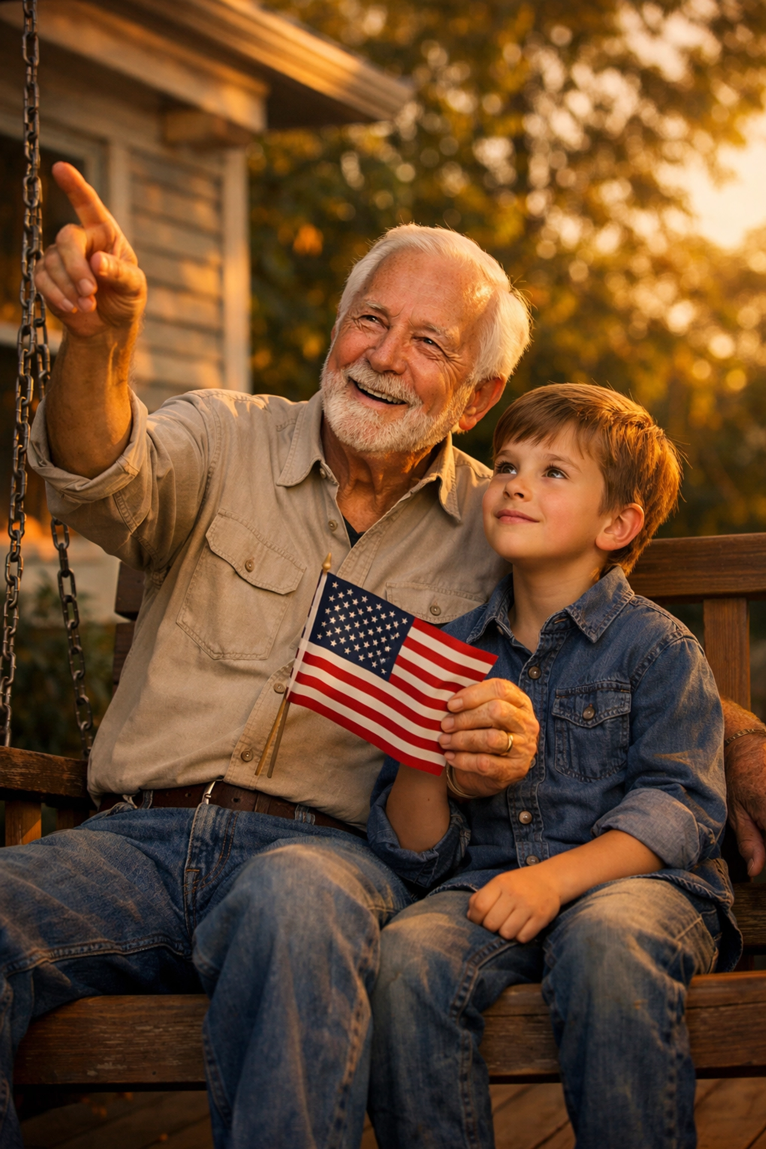 A grandfather and grandson sharing a patriotic moment with an American flag on a porch at sunset.