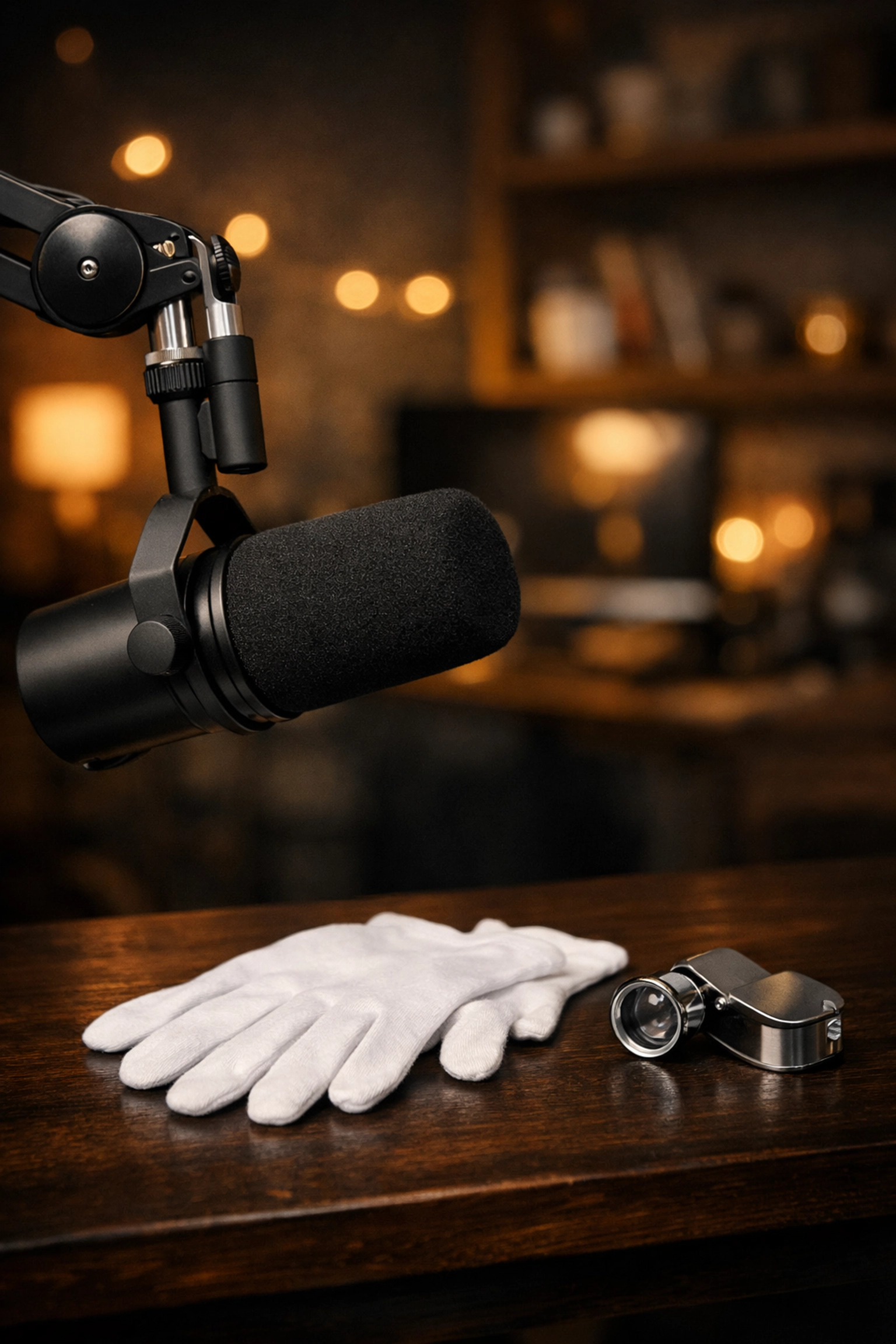 Professional coin collecting podcast studio setup featuring a microphone and numismatic tools.