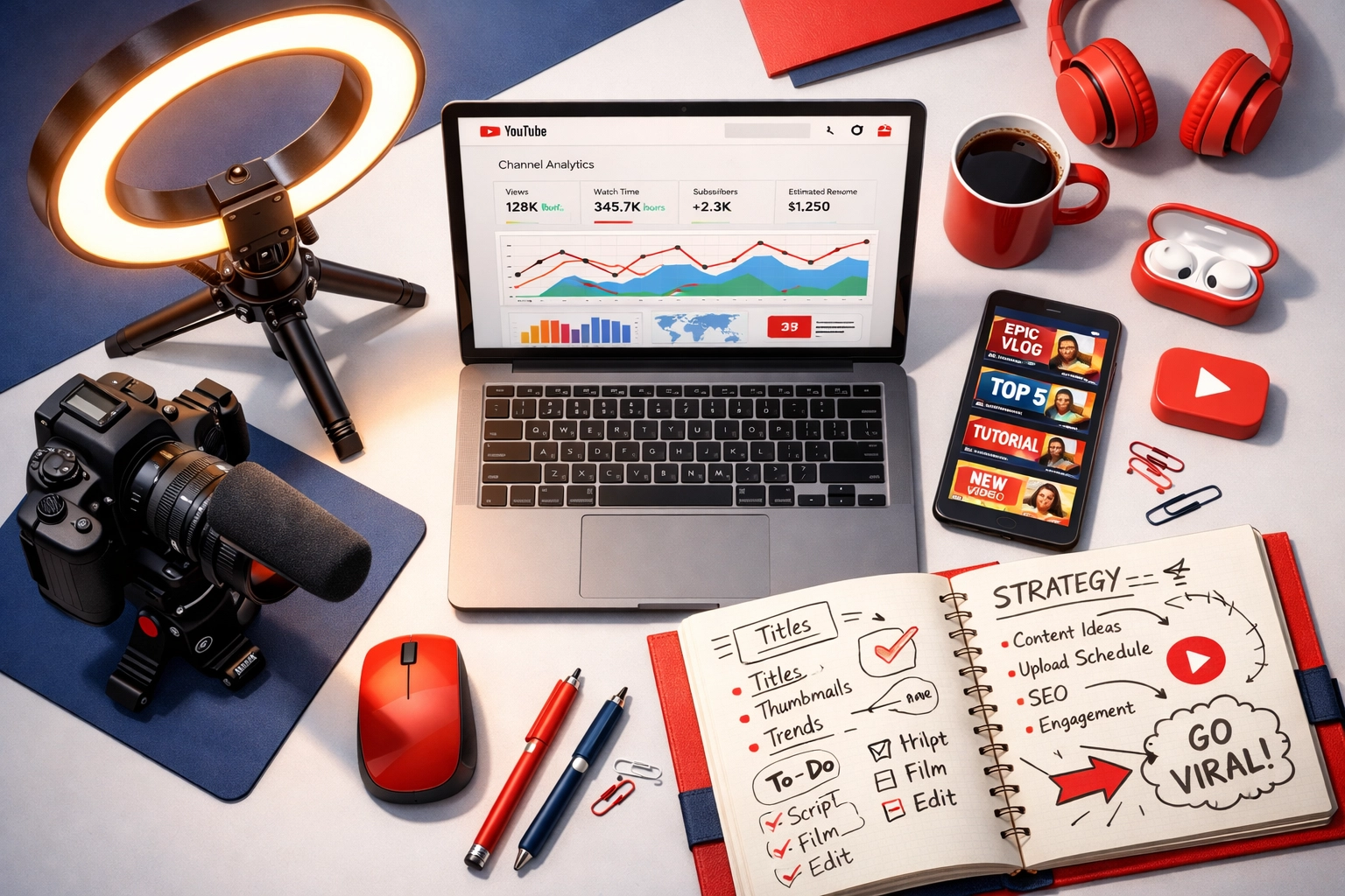 Espace de travail professionnel d'un créateur YouTube avec caméra, éclairage et analytics