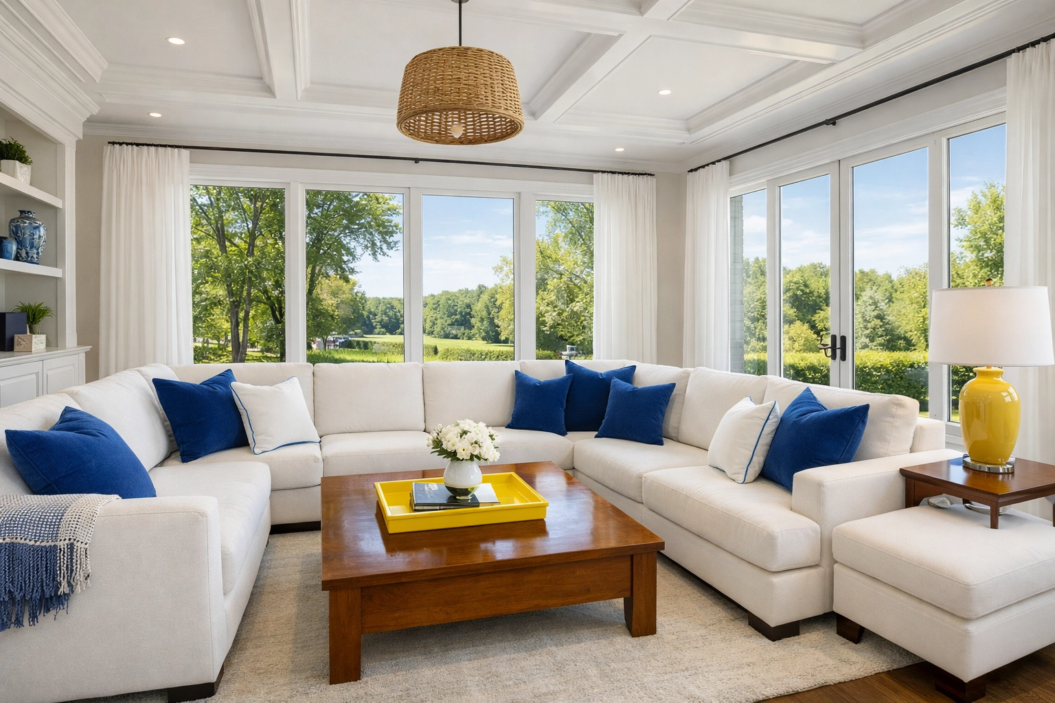 A bright, professionally cleaned luxury living room in Natick MA featuring non-toxic, eco-friendly results.