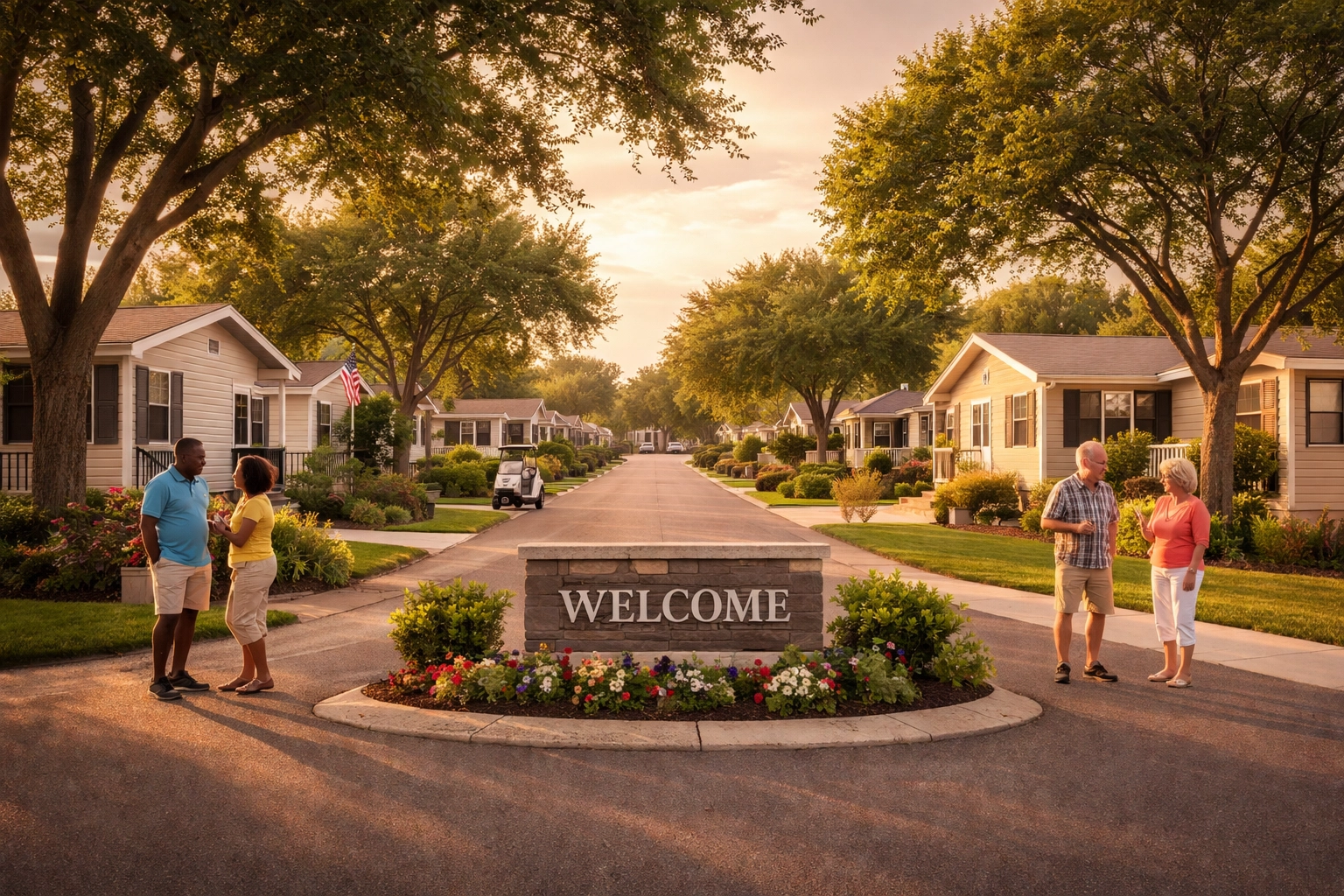 Welcoming manufactured home community with friendly neighbors chatting along tree-lined streets