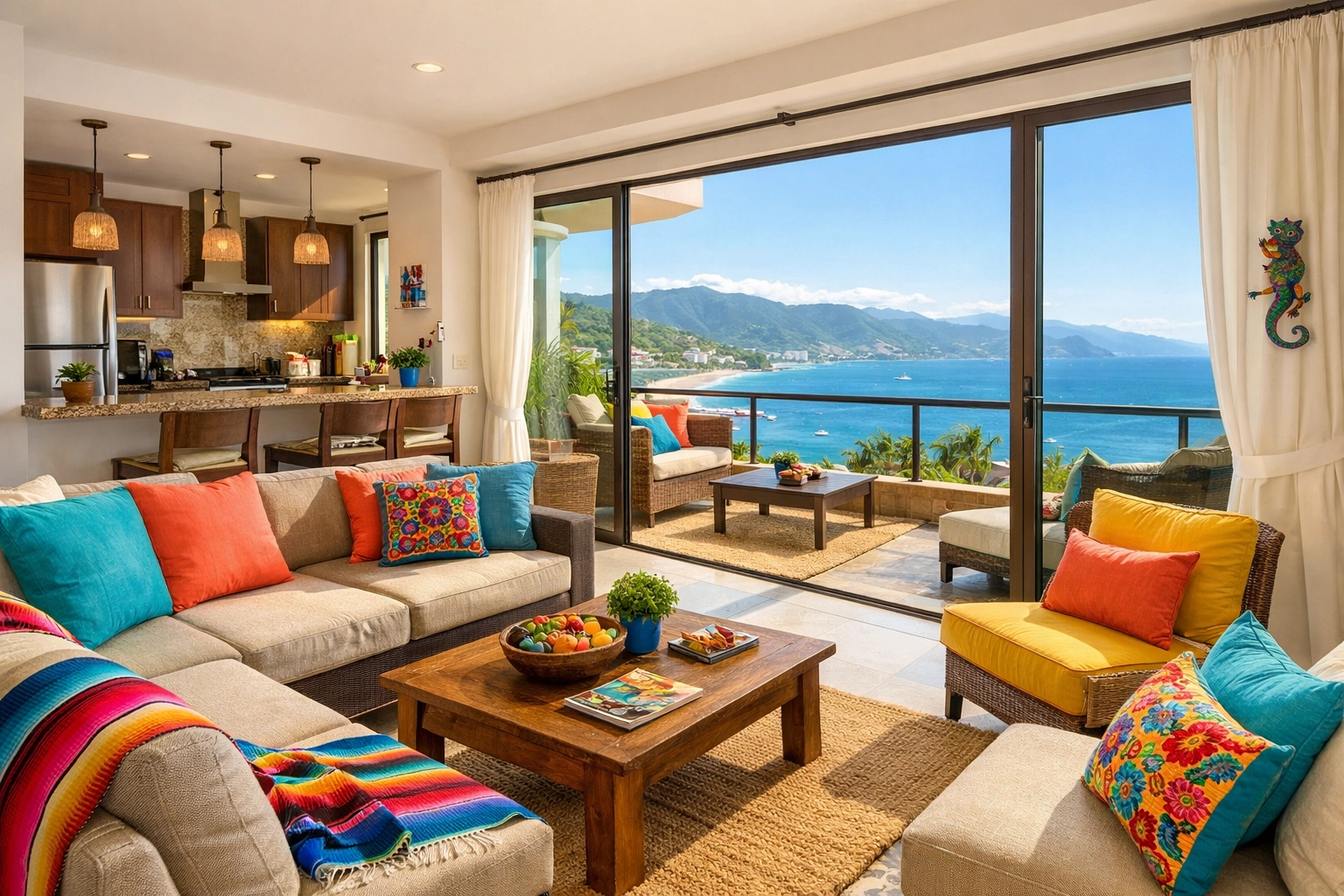 Modern Puerto Vallarta condo rental with ocean views and open kitchen