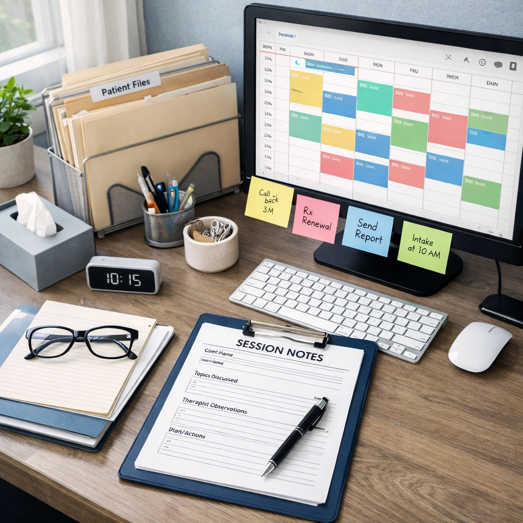 Organized therapy clinic workspace with patient files and scheduling calendar showing efficient workflow