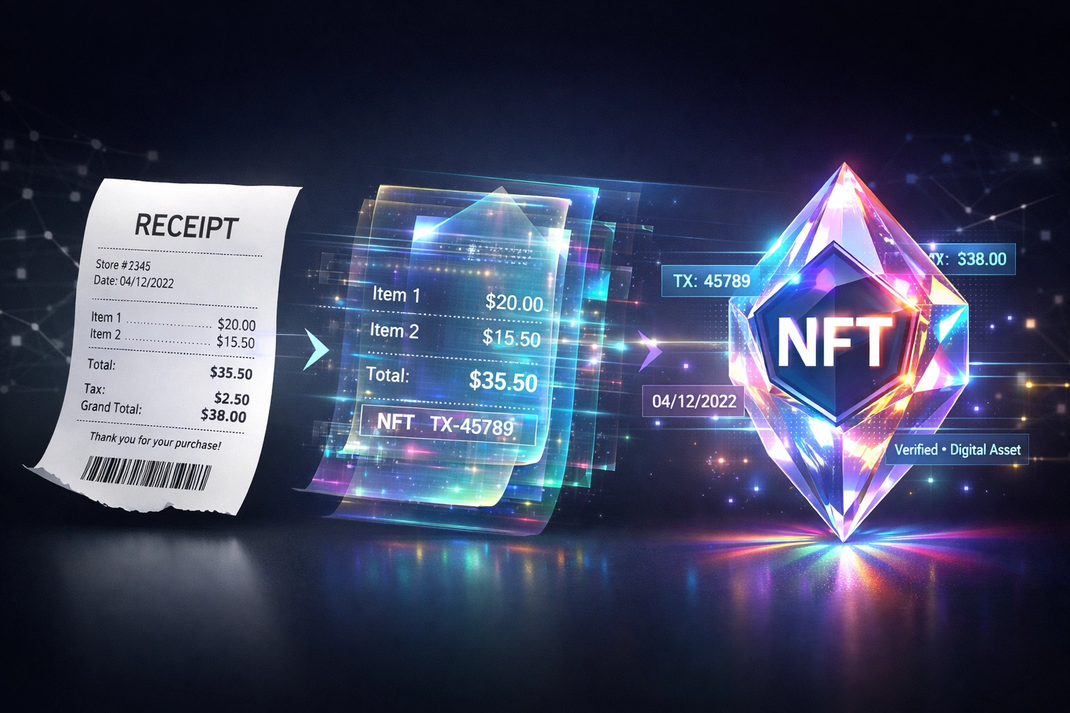Digital receipt transforming into NFT token for blockchain-based accounting