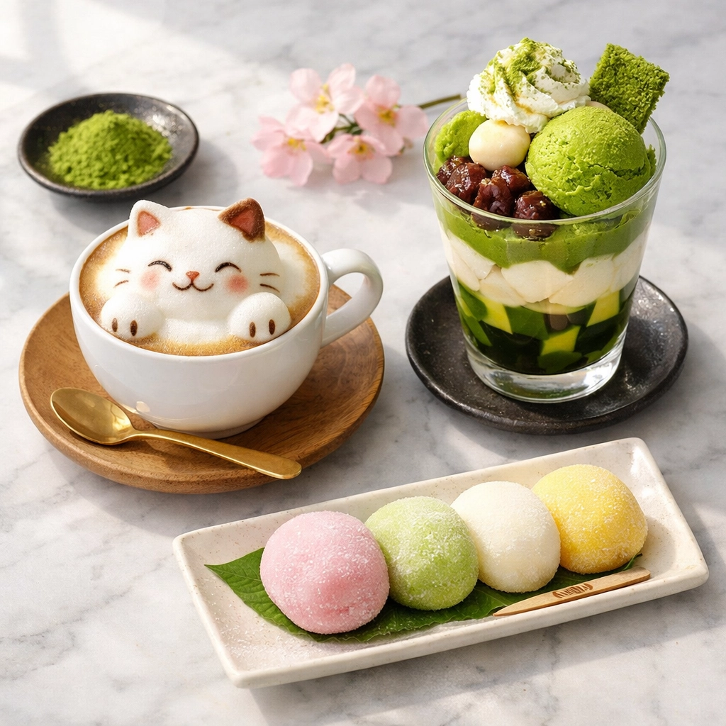 A flat lay of Tokyo's most Instagrammable desserts including 3D latte art and a matcha parfait.
