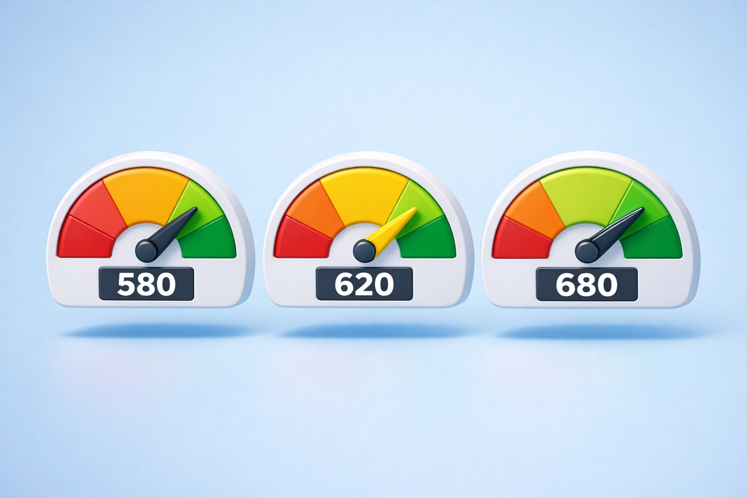 Medidores de score de crédito mostrando mejora de 580 a 680 puntos para comprar casa