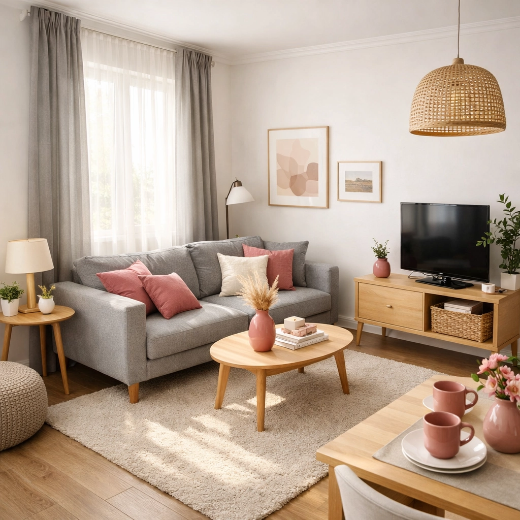 Small apartment living room with 60/30/10 color rule: white walls, gray sofa, dusty rose accents