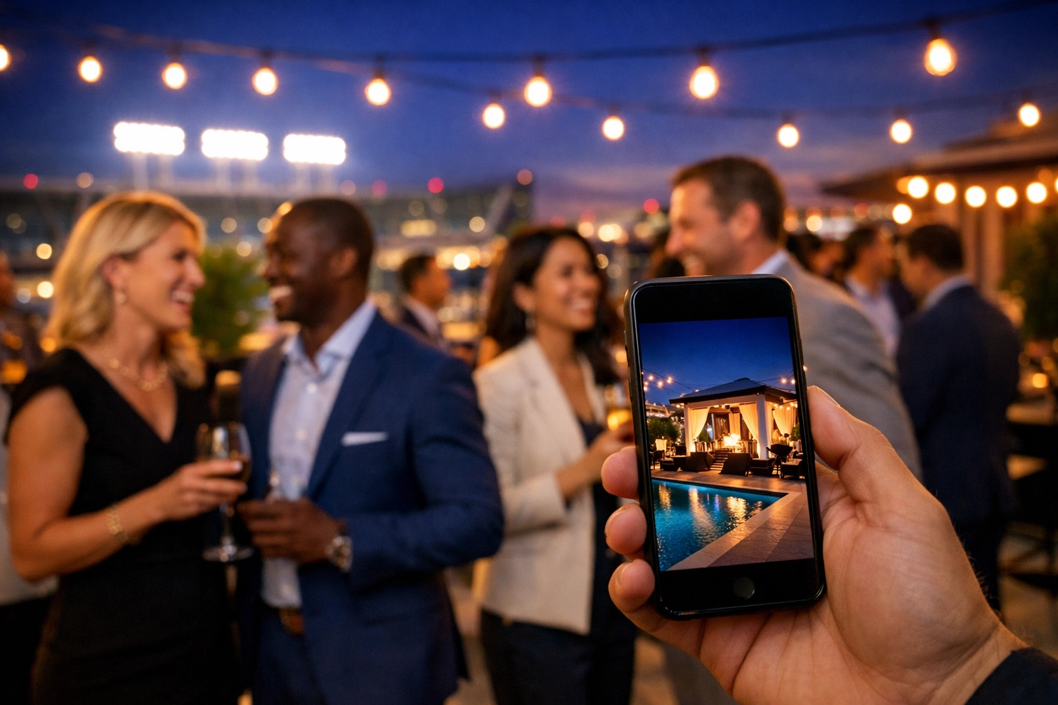 Business professionals at a rooftop networking event with a stadium backdrop for a Super Bowl brand blitz.