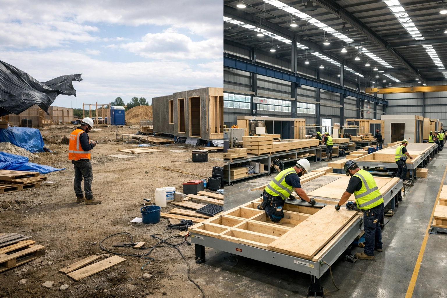 Factory construction of modular homes compared to traditional building site chaos in Australia