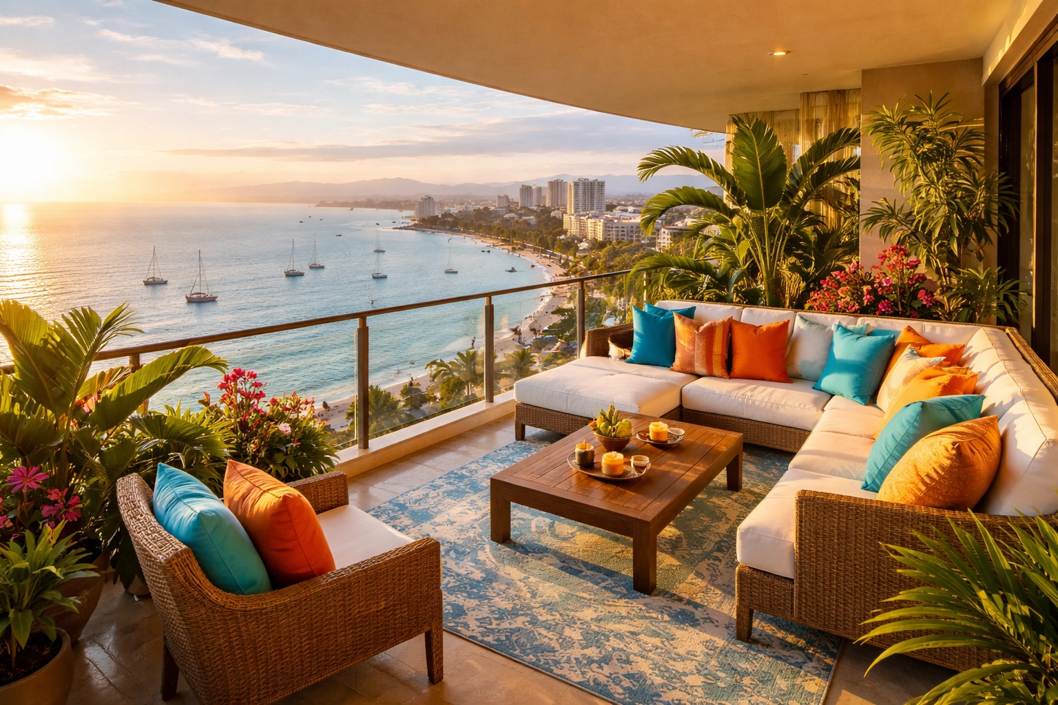 Luxury condo balcony in Puerto Vallarta with colorful furniture and panoramic Banderas Bay view at sunset