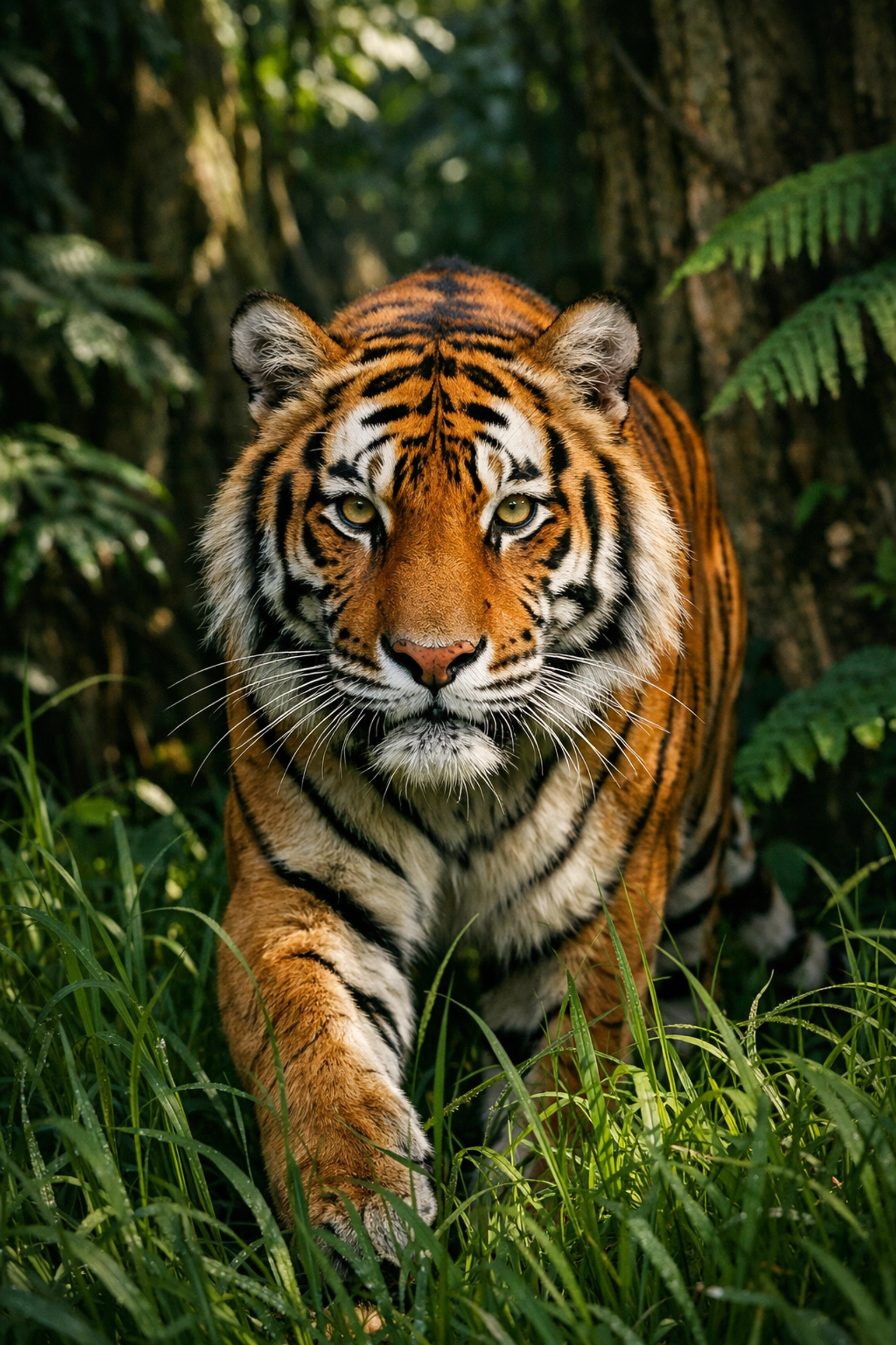 Wild Bengal tiger walking through lush green jungle foliage, illustrating successful species recovery efforts.