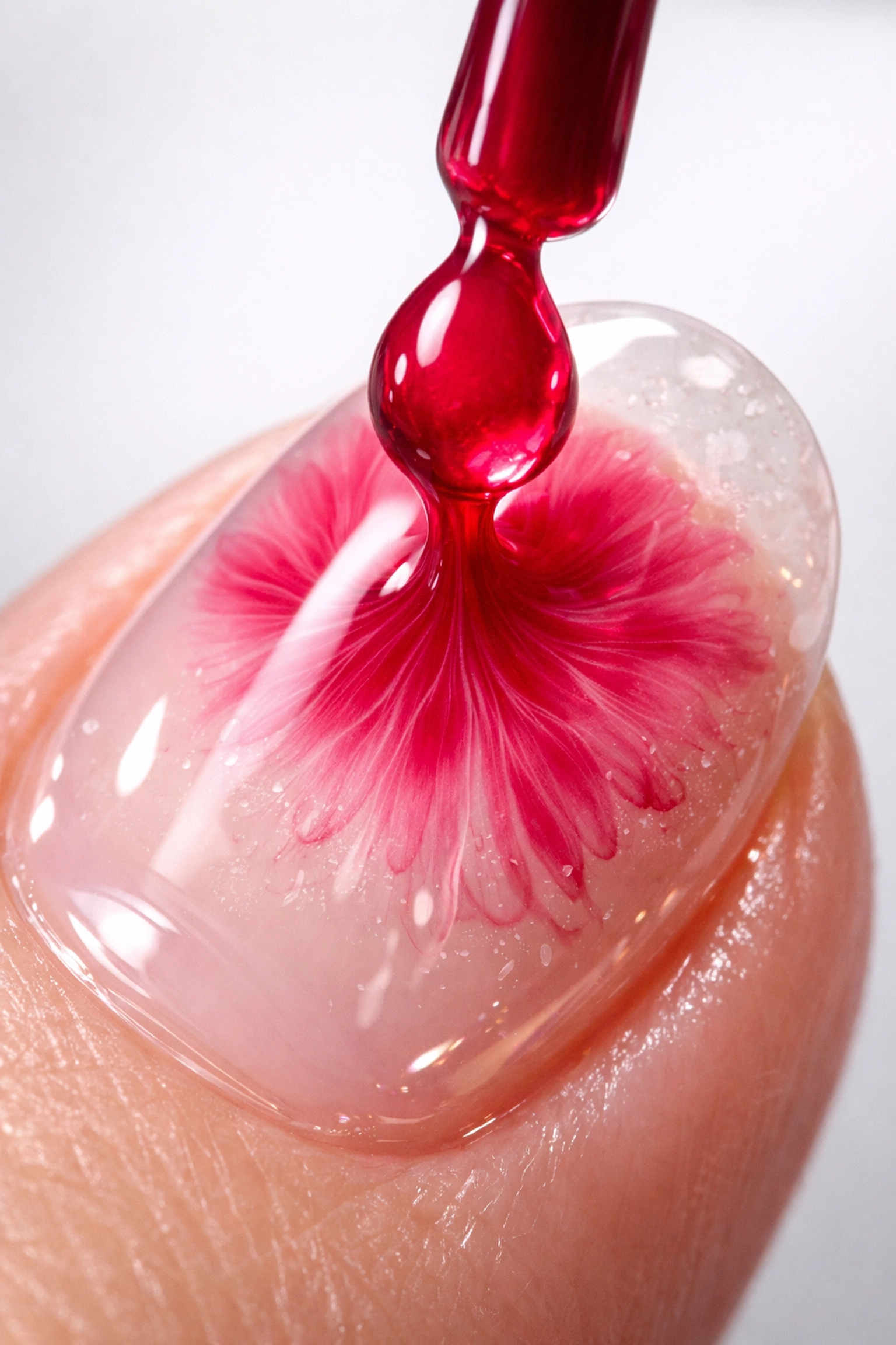 Close-up of raspberry Japanese blooming gel spreading for a custom fashion nail design in Norwood MA.