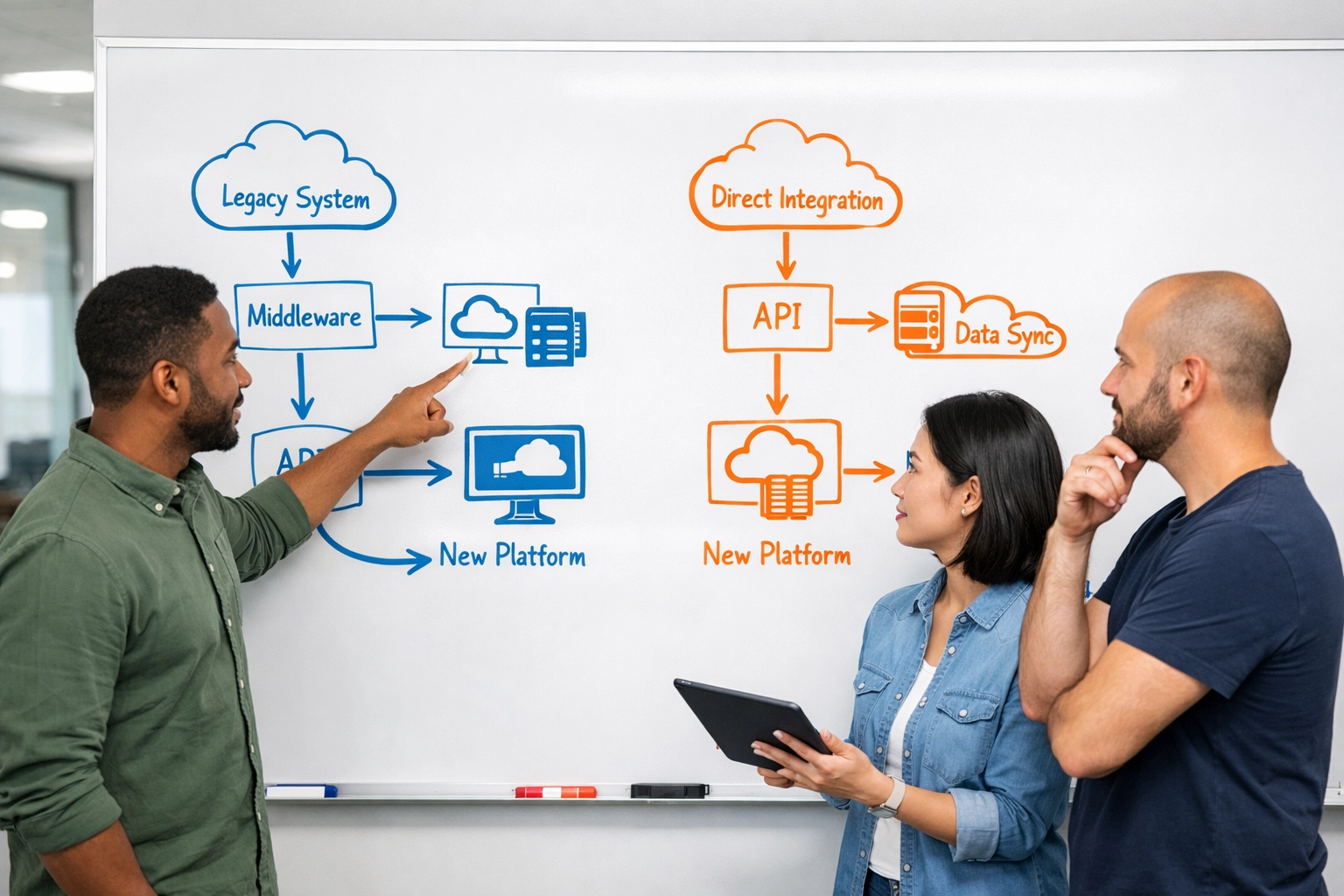 ServiceNow consulting team mapping GenAI integration approaches on whiteboard