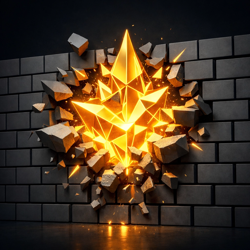 Golden custom web design structure breaking through a grid of generic website templates.