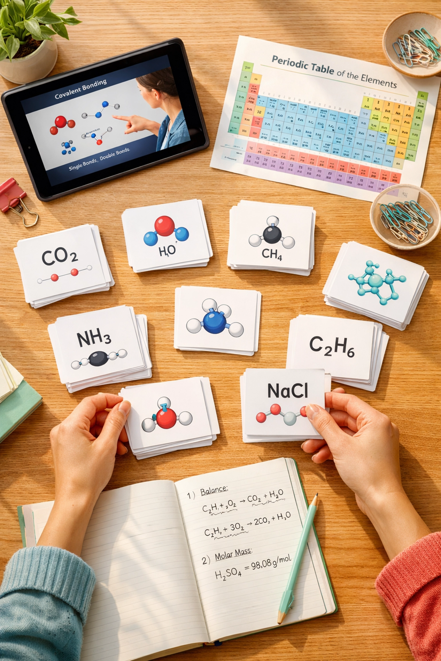 Student actively studying chemistry with flashcards and practice problems for A-Level success