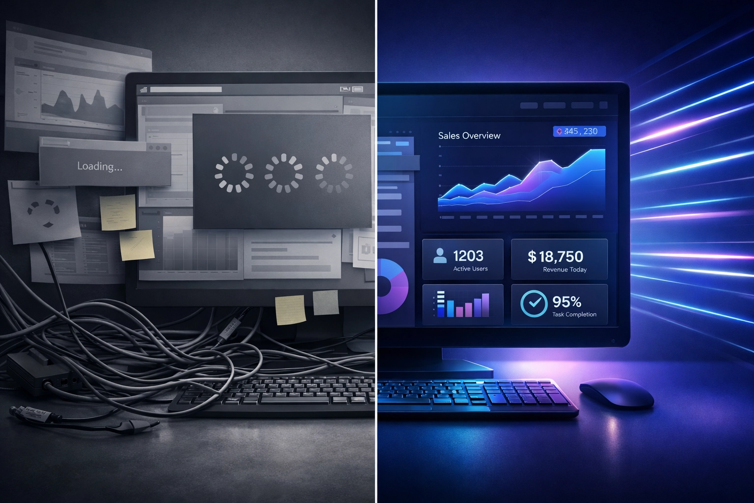 Comparison of slow SaaS interface versus fast custom-built project dashboard