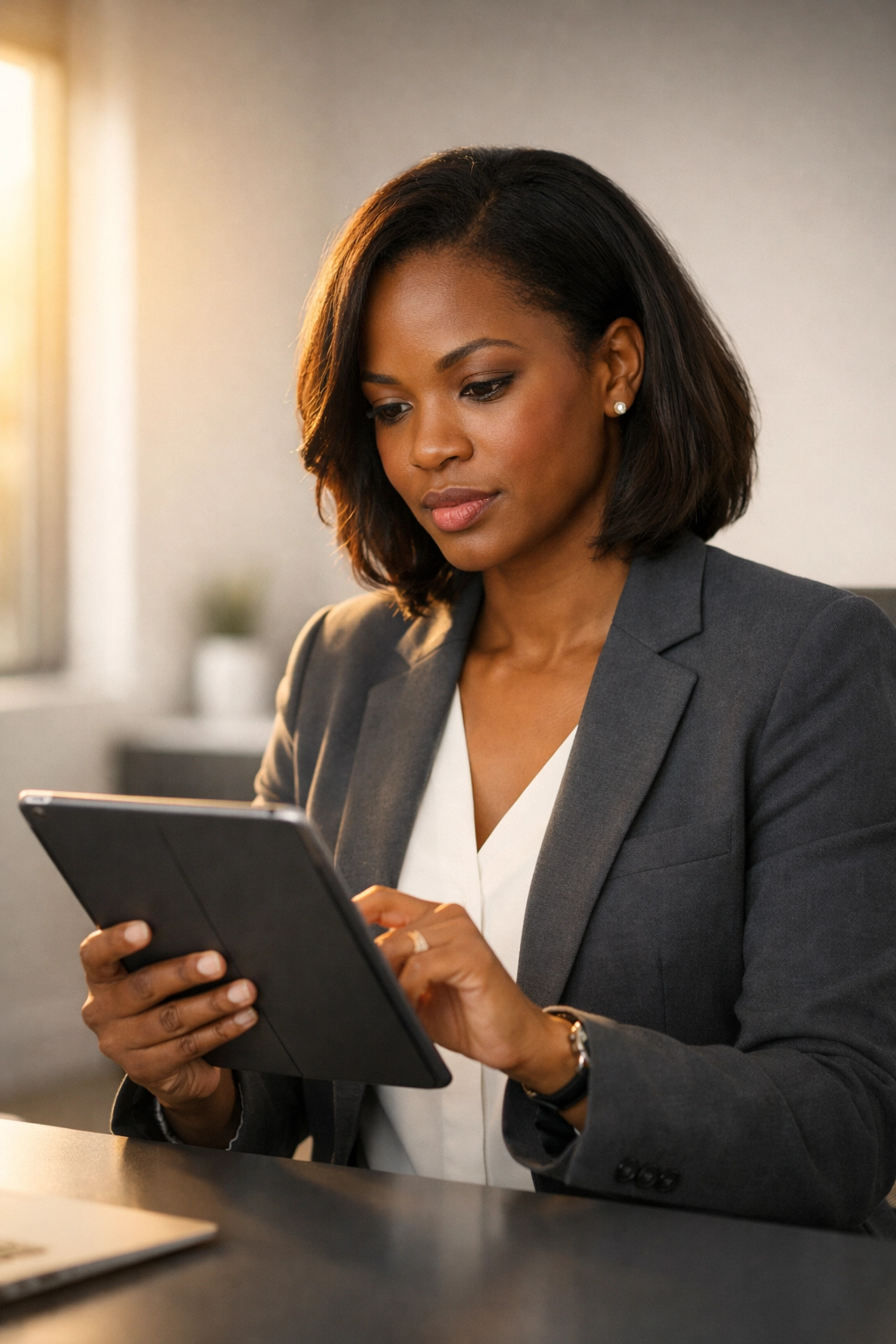 Business owner reviewing financial records on a tablet for 2026 payroll tax updates and compliance.