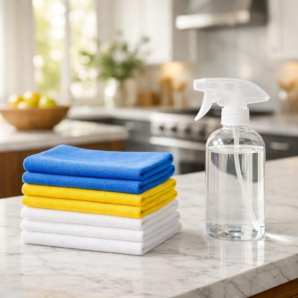 Color-coded microfiber cloths on a marble counter for organized house cleaning and sanitization in Westford.