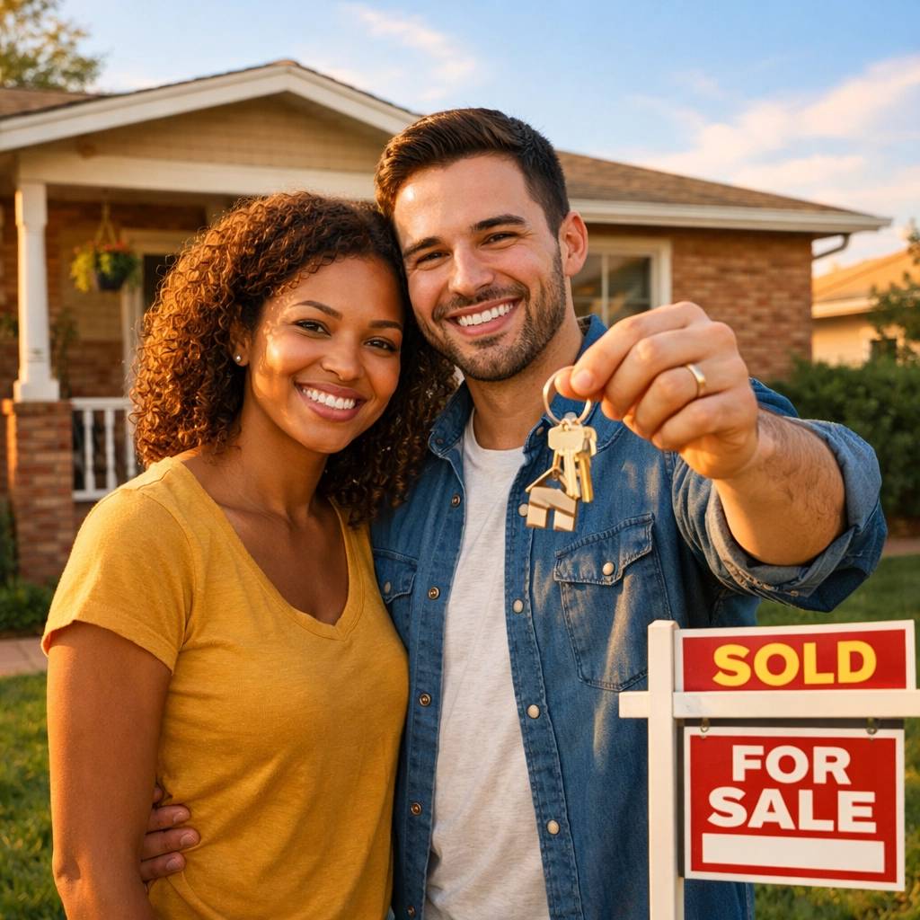 Young Texas homebuyers holding keys after using down payment assistance program