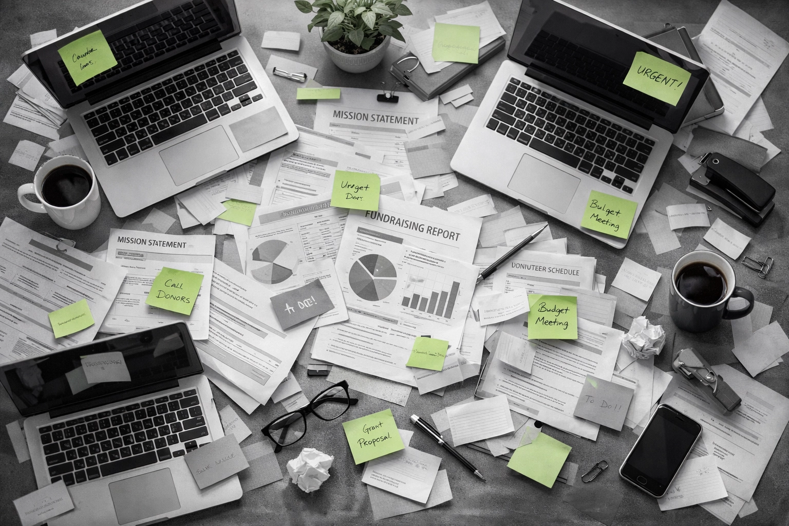 Cluttered nonprofit office desk with scattered papers and laptops showing organizational inefficiency