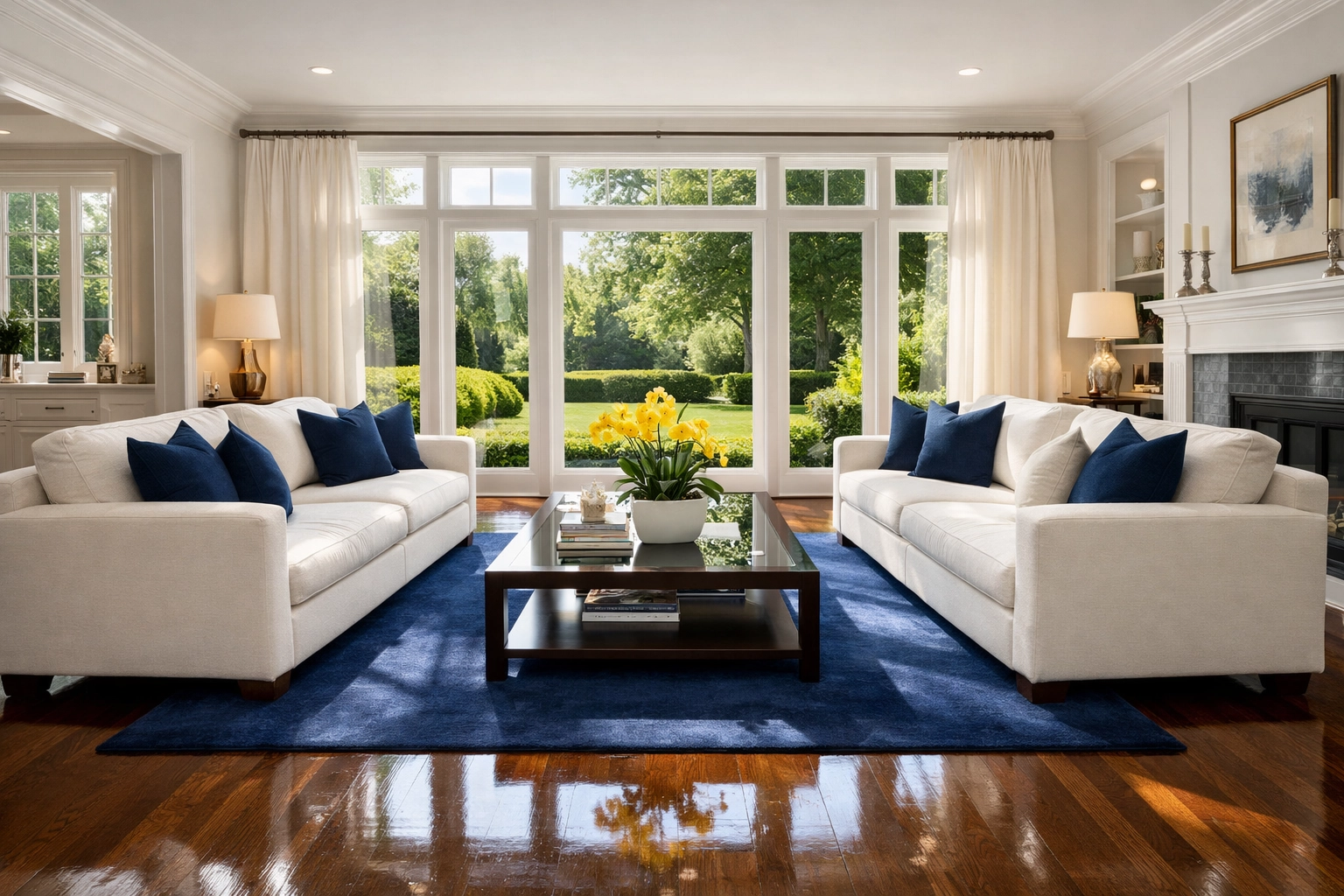 Immaculate living room with polished hardwood floors cleaned by a house cleaning service in Wellesley MA.