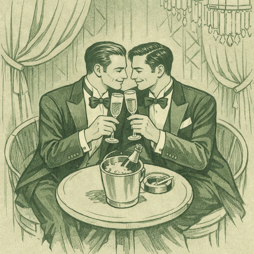 Gay couple toasting champagne in 1920s art deco speakeasy with intimate atmosphere