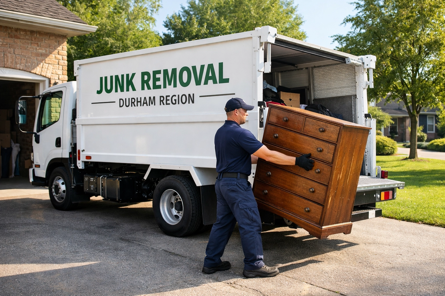 Professional worker loading furniture into a junk removal truck in Durham Region.