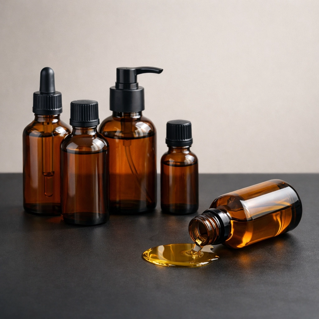 Amber glass bottles of pure castor oil on black surface highlighting quality packaging