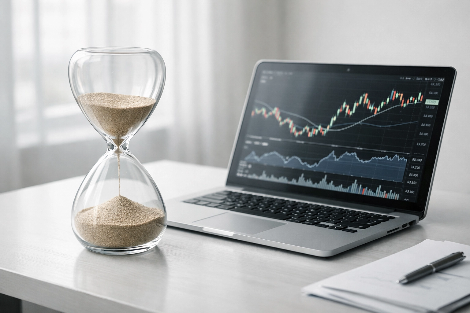 Business loan approval timeline comparison with hourglass and financial charts