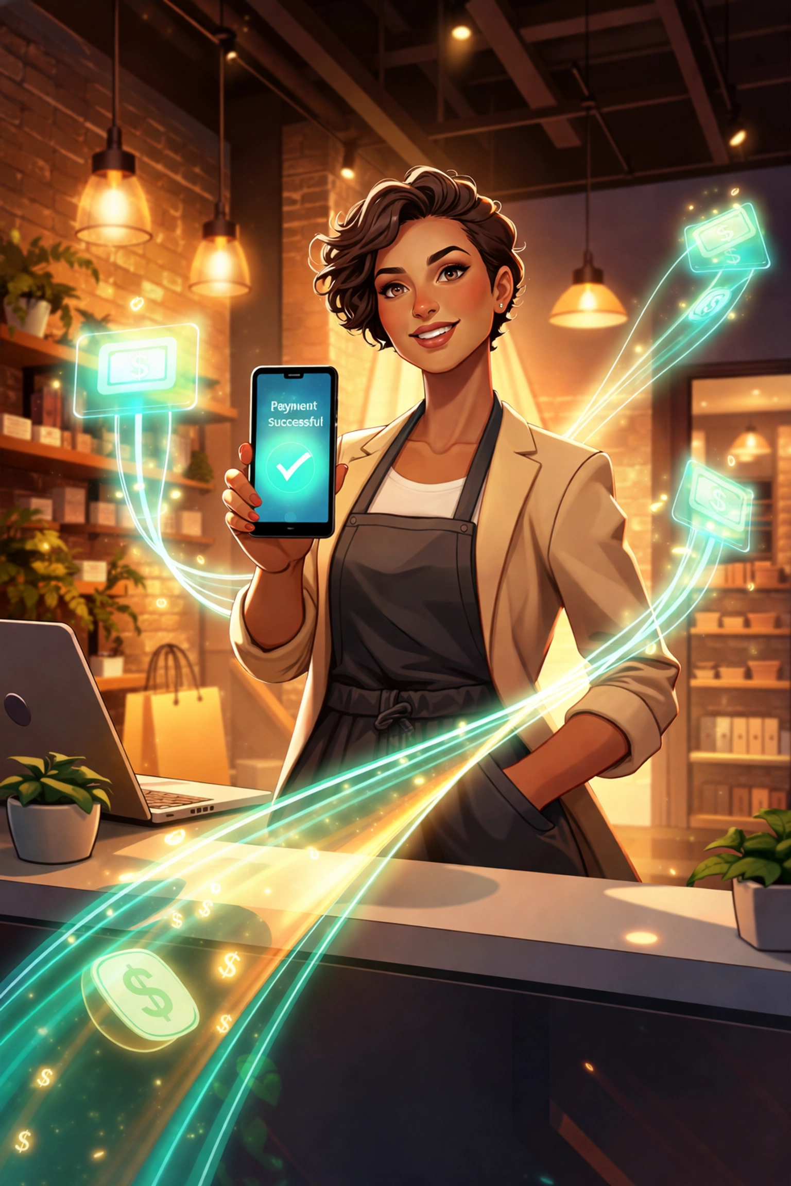 Small business owner accepting crypto payments on a smartphone in a modern shop, showing ease of Web3 POS solutions.