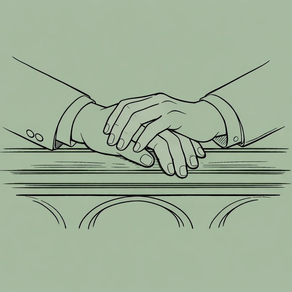 Intertwined hands of two men resting on a church pulpit rail, representing a sacred and hidden bond.