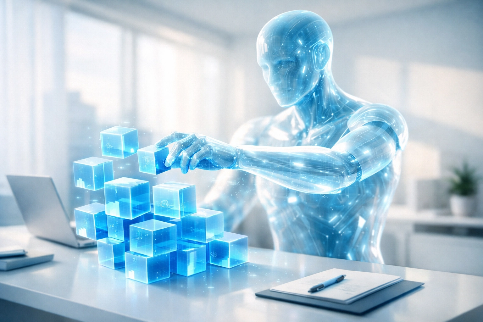 Agentic AI figure autonomously organizing digital tasks to streamline business back-office operations.